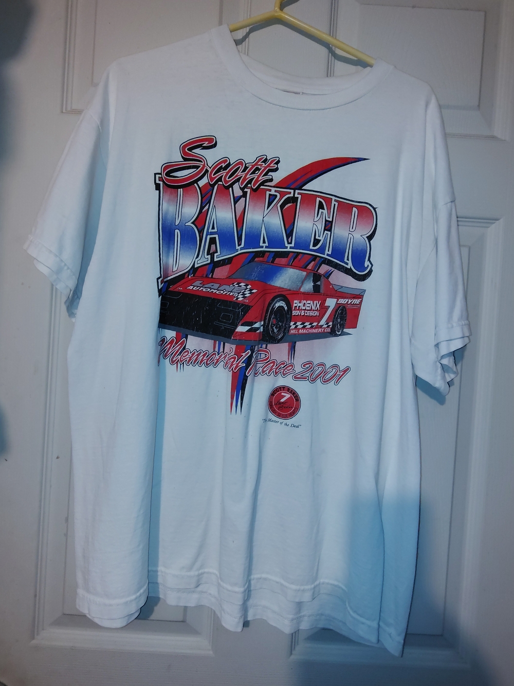Delta White Racing Graphic Tee with Red and Blue Print